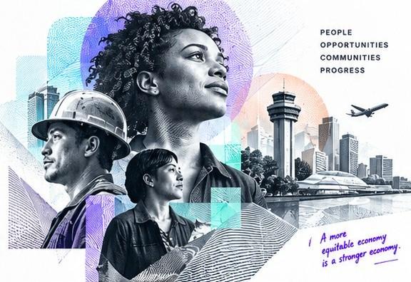 Entrepreneurs and community infrastructure: a founder, a construction worker, a small business owner, an airport and a city skyline